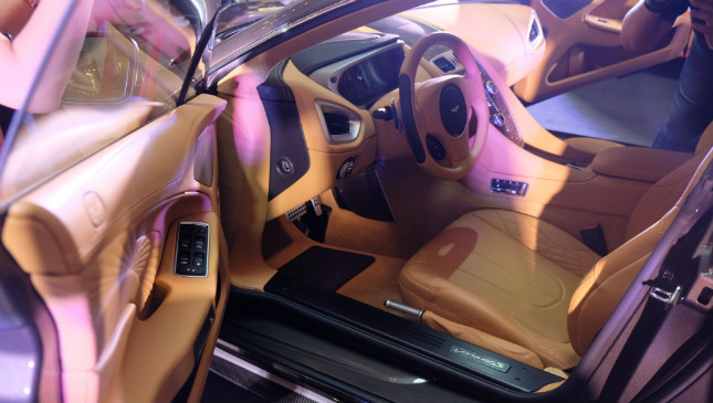 This luxury car is a comfortable pair of leather seats The Vanquish S's inside