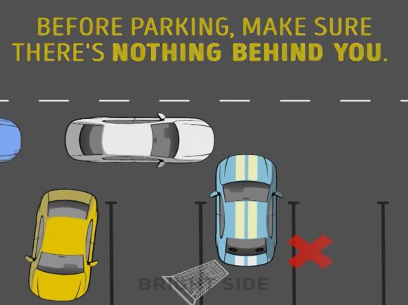 Before parking, remember to make sure that there is no obstruction behind you. There are three cars in a car park.
