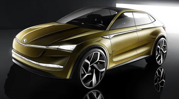 Skoda announces the brand is planning to launch the Vision E in 2020. rendering of a Brown Vision E angular front view