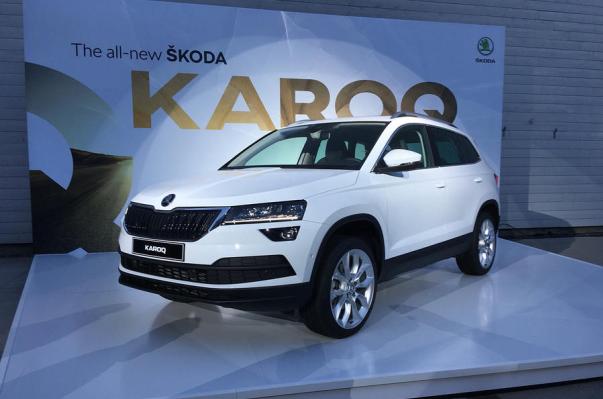 Skoda has revealed the new C-segment SUV for the first time in Stockholm. Angular front of the Skoda Karoq