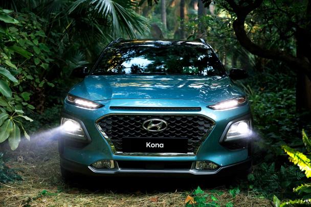 The KONA is defined by special LED headlights Front view of the KONA