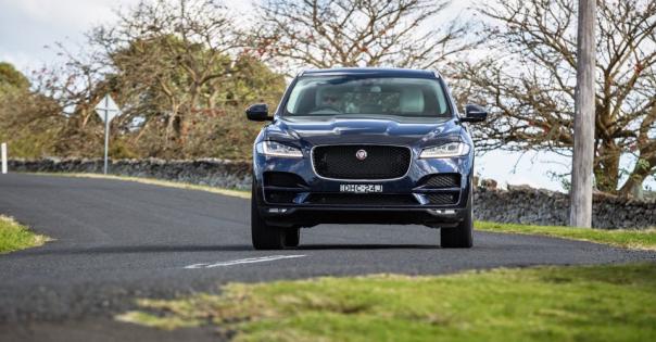 The brand plans to reveal an impressive performance of the F-Pace SUV, XE medium sedan and XF large sedan model lines A blue 2018 Jaguar F-Pace front view