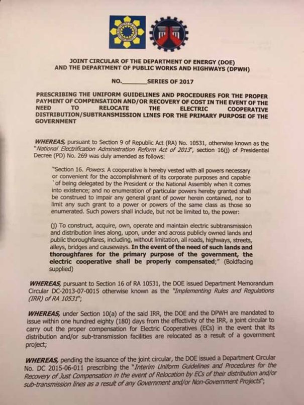 DPWH and DOE formed a schedule for the relocation of electric posts Scanned copy of the joint circular between the DOE and the DPWH