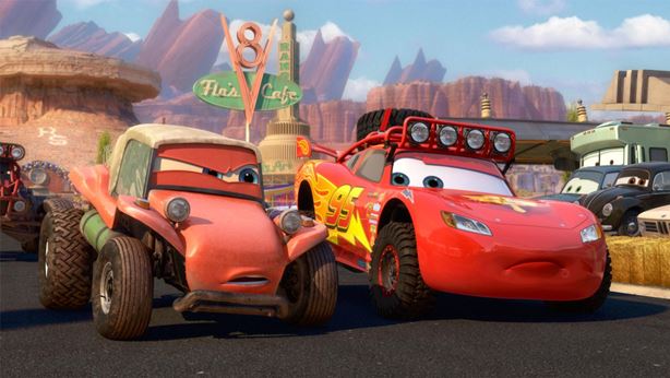 A scene from Cars (2006) movie Two cartoon cars chasing each other