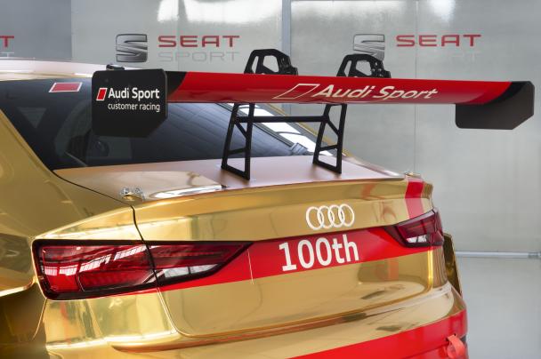 The biggest Audi Sport logo can be seen underneath the massive rear wings Rear wings of the 100th Audi RS3 LMS