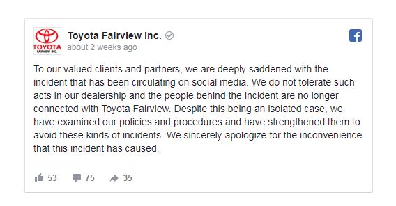 Toyota said it will take appropriate action screenshot of Toyota Fairview's facebook post