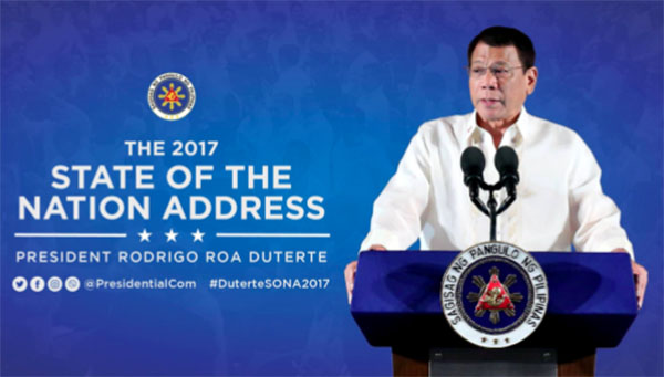 President Duterte delivered his report on the state of the Philippines a year after he took office at 2017 State of the Nation Address (SONA) President Duterte giving a speech