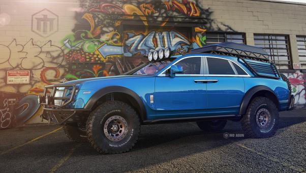 We see an aggressive but sleek off-roader with an extremely high ground clearance and thickset tires side view of the Rolls-Royce Ghost off-roader