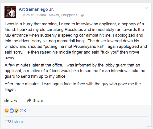 Road rage shows karma strikes in time screenshot of the facebook post by an editor for Manila Bulletin about road rage