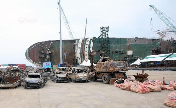 After having been raised to the surface, the Sewol was carried to a port in Mokpo the Sewol and rusty cars