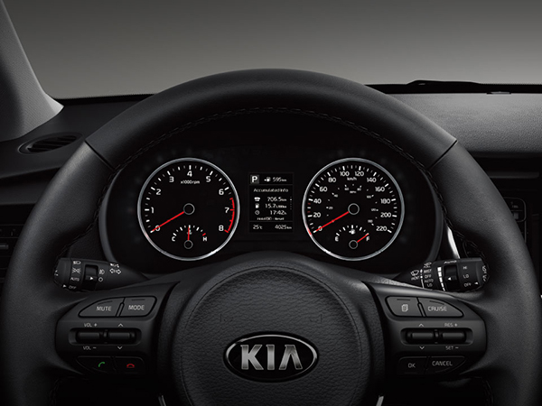 A close view of the new Kia Rio 2019 hatchback's steering wheel 