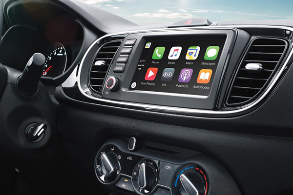 A close-up shot of the Kia Soluto 2019 infotainment touchscreen system