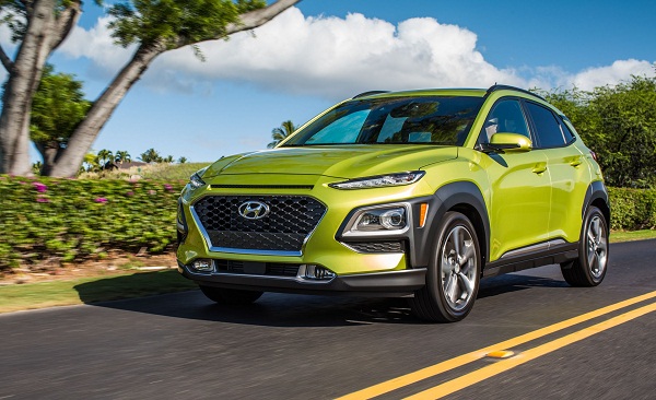 A picture of a Hyundai Kona in acid yellow