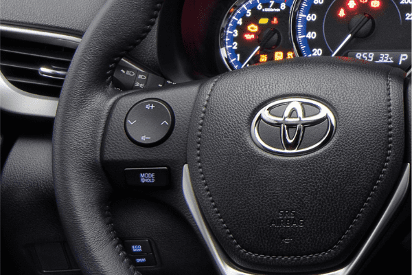 The Vios has steering wheel mounted audio controls A picture of the Vios' steering wheel.