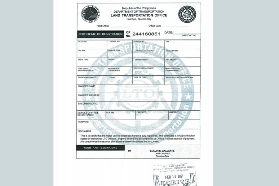 New car registration format includes passenger capacity and color