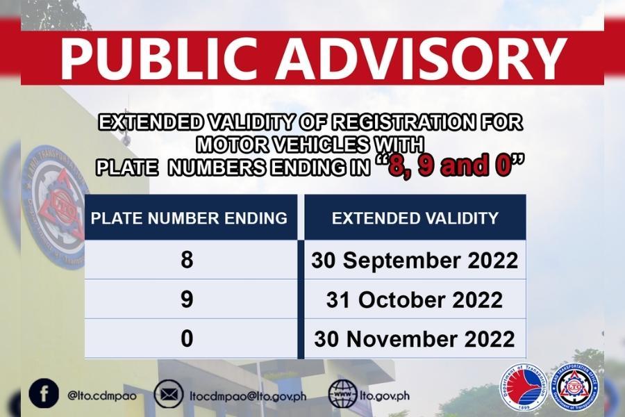 LTO extends registration validity of plates ending in 8, 9, and 0