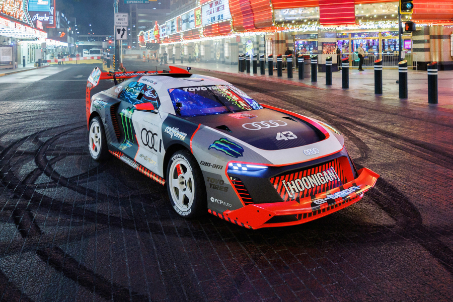 Ken Block drifts into Las Vegas with Audi S1 Hoonitron electric car