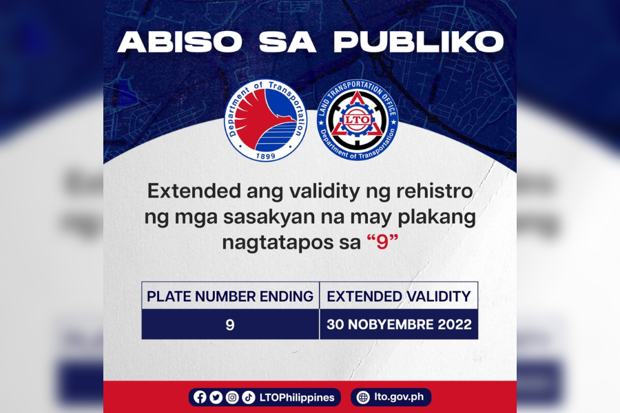 LTO extends registration validity of cars with plates ending in 9