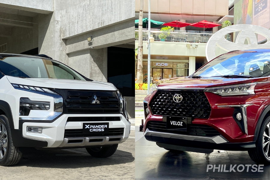 A picture of the Mitsubishi Xpander Cross facing the Toyota Veloz.