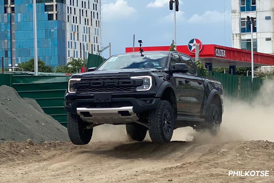 A picture of the Ford Ranger Raptor performing a jump.