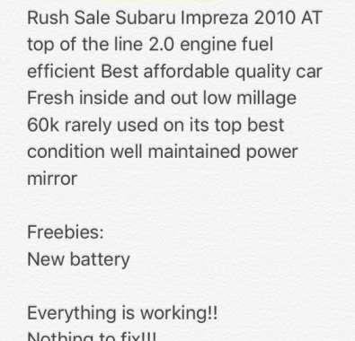 Rush Sale Subaru Impreza 2010 AT top of the line