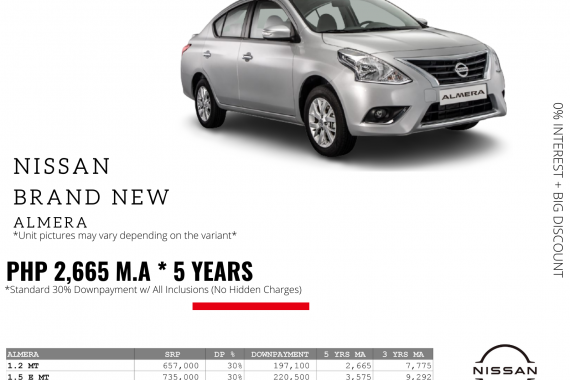 Brand New Nissan Almera 0% Interest + Big Discount Promos! - 30% DP @ Php 2,665 m.a only for 5 years