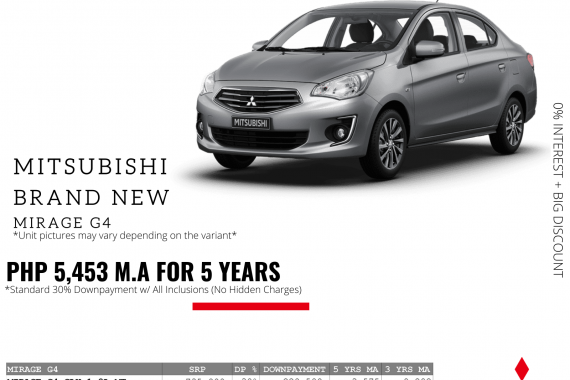 0% Interest + Big Discount Promos! Brand New Mitsubishi Mirage G4 - 30% DP @ Php 5,458 monthly