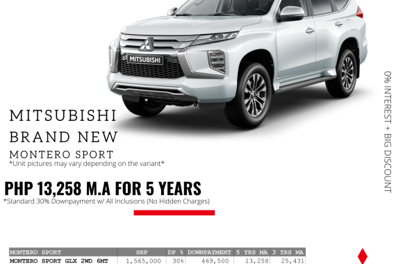 0% Interest + Big Discount Promos! Brand New Mitsubishi Montero Sport - 30% DP @ Php 13,258 monthly