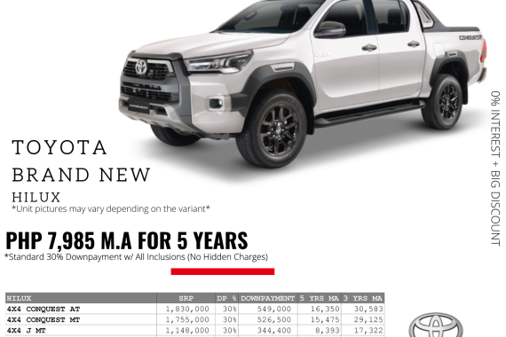 0% Interest + Big Discount Promos! Brand New Toyota Hilux - 30% DP @ Php 7,985 monthly