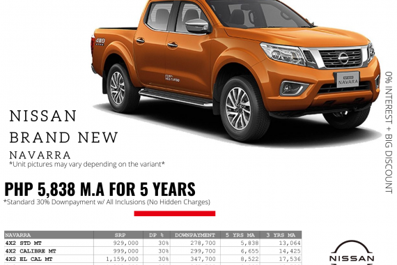0% Interest + Big Discount Promos! Brand New Nissan Navarra - 30% DP @ Php 5,838 monthly