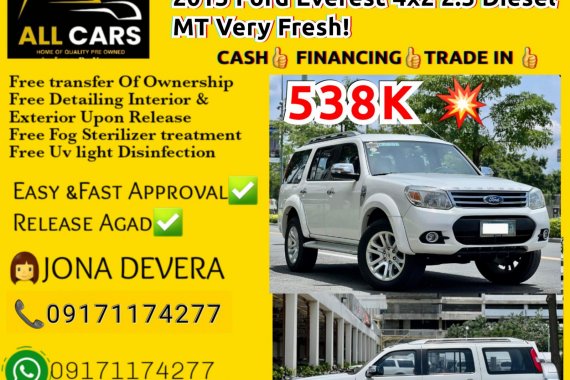 2013 Ford Everest 4x2 2.5 Diesel MT Very Fresh!
Php 538,000 Php Only!  📞JONA(09565798381-Viber)