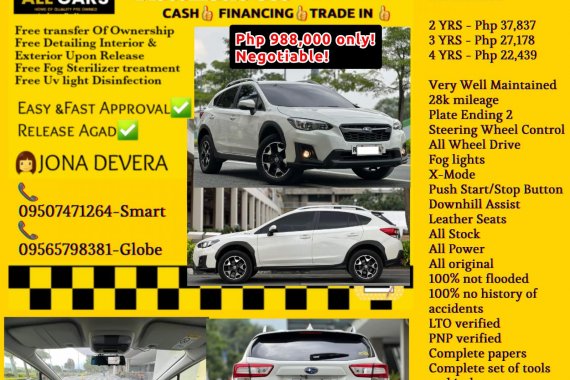 2018 Subaru XV 2.0i AWD A/T
Php 988,000 only!
Negotiable!

👩JONA DE VERA  📞09507471264