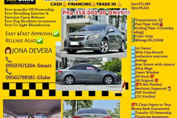 2012 Chevrolet Cruze 1.8 Gas LS Automatic 

Php.358,000.00 ONLY!!!

JONA DE VERA  📞09507471264