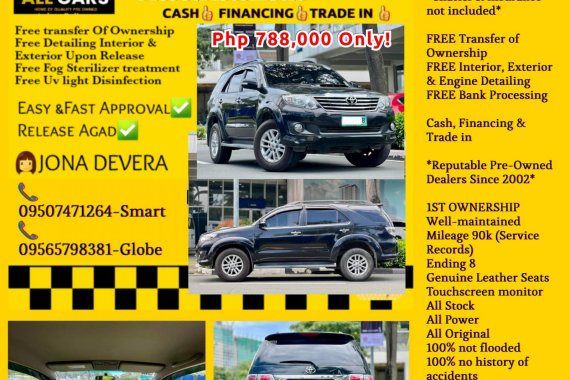 2013 Toyota Fortuner 4x2 G Diesel Automatic

Php 788,000 Only!

👩JONA DE VERA  📞09507471264