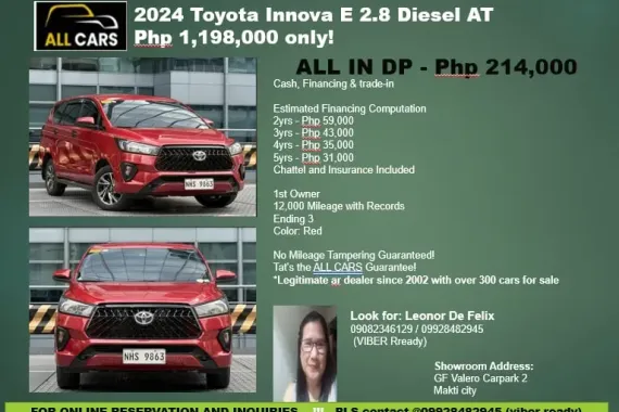 🔥2024 Toyota Innova 2.8E AT Diesel ⛽️09928482945👨‍🌾Look for me - Leonor De Felix