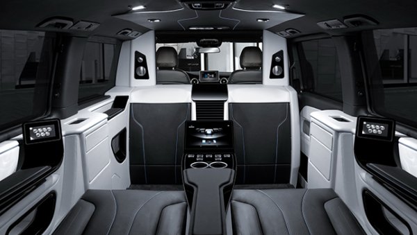 The rear compartment has VIP Business seats with stretchable footrests that can be reclined all the way The Brabus V-Class cabin