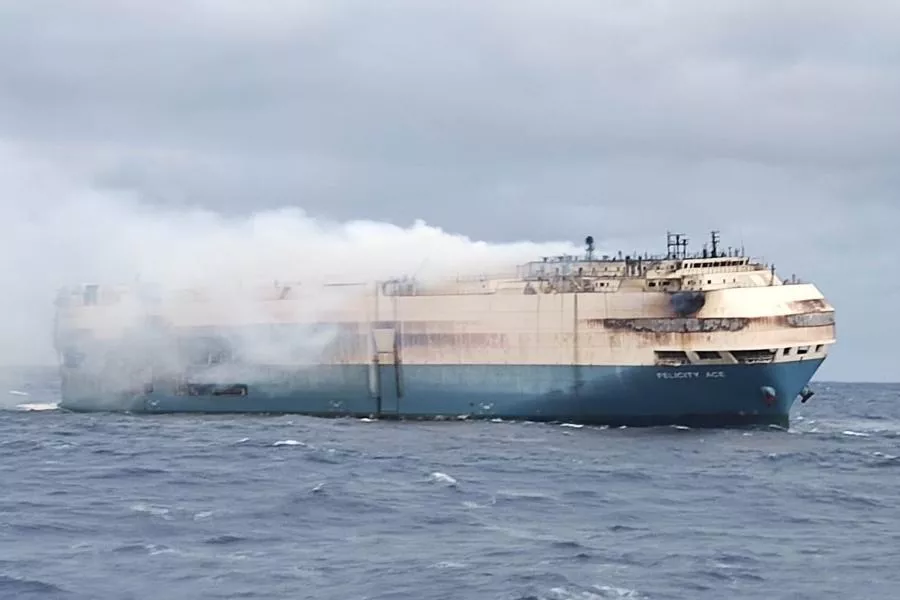 Felicity Ace cargo ship on fire