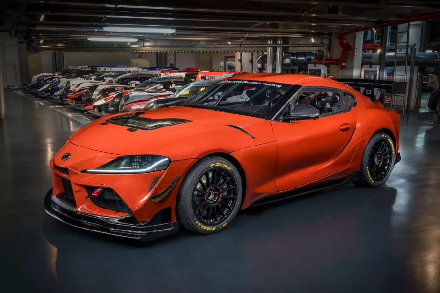 A picture of the Supra GT4 100 Edition with other Supra race cars. 