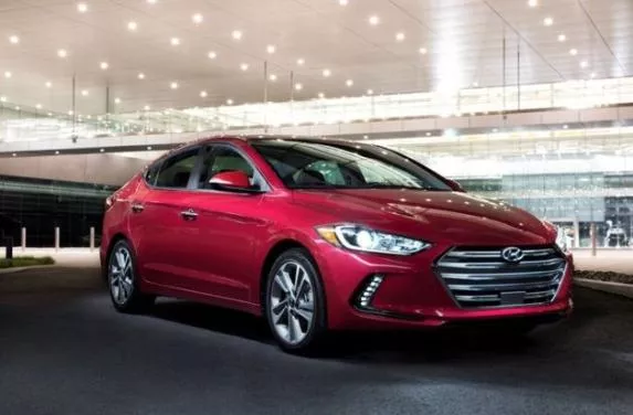 Angular front of a red Hyundai Elantra 2017