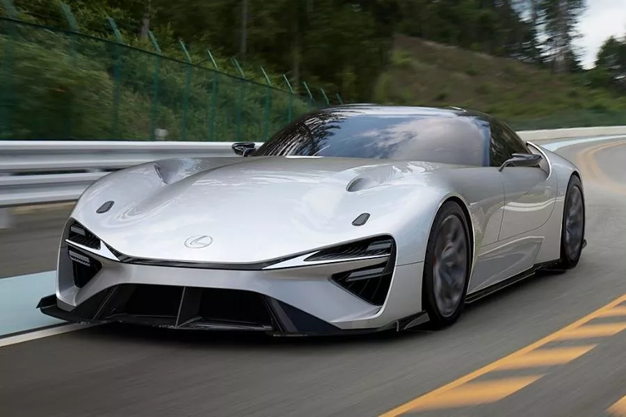 A picture of the Lexus electric sports car concept on the road.