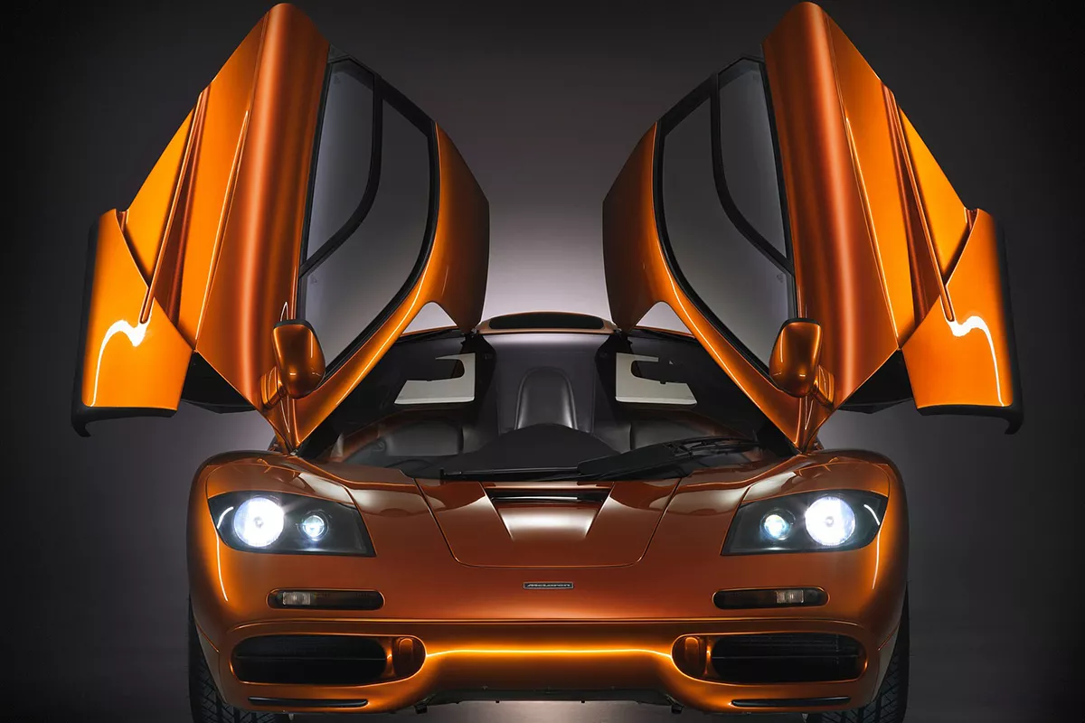 A picture of the front of the McLaren F1 with the doors open
