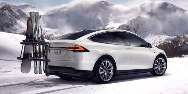 Angular rear of a white Tesla Model X  SUV 