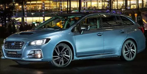 A blue Subaru Levorg angular front view