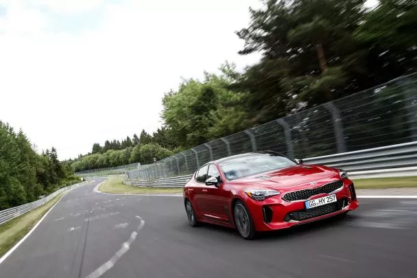 the Kia Stinger on the road