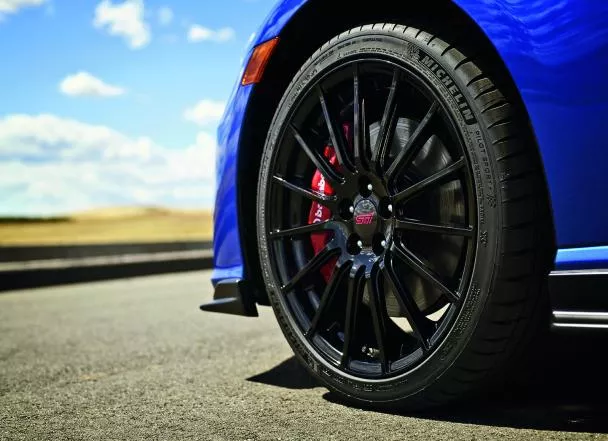 The BRZ tS now rides on lightweight 18-inch STI alloy wheels with 215/40 Michelin Pilot Sport 4 tires a close look at the BRZ tS' wheels