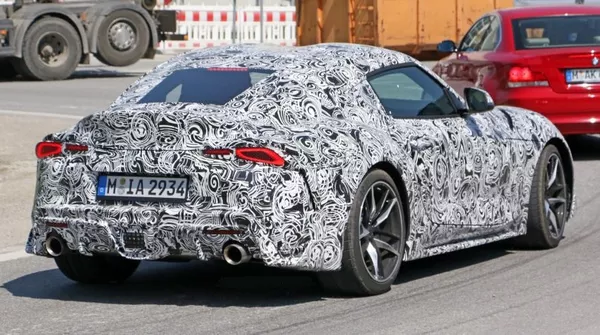 The angular rear of the camoflaged Toyota Supra 2019