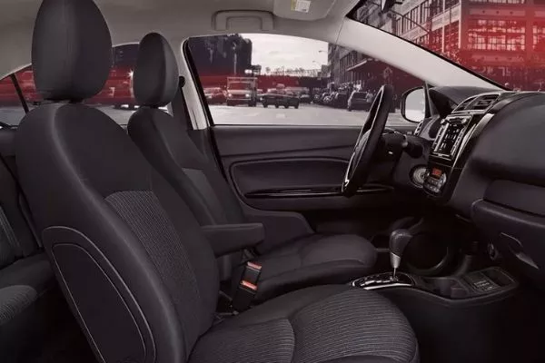 The black color scheme of the interior The inside of a 2020 mitsubishi mirage G4 showcasing its interior
