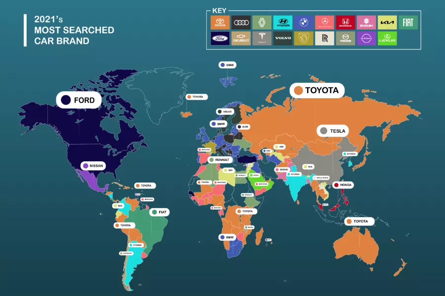 A map with the most searched car brands per country in 2021