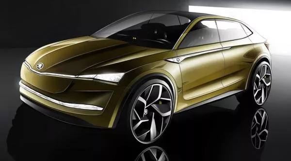 Skoda announces the brand is planning to launch the Vision E in 2020. rendering of a Brown Vision E angular front view