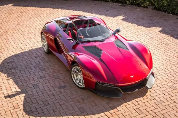 A red Rezvani SUV angular front view